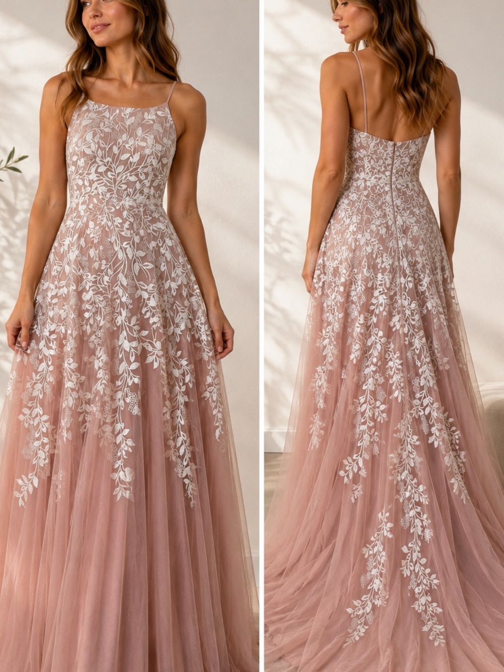 Blush Pink Floral Lace A-Line Evening Dress